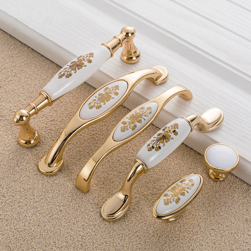 Furniture Hardware Gold - European Gold Flower Ceramic Handle Modern